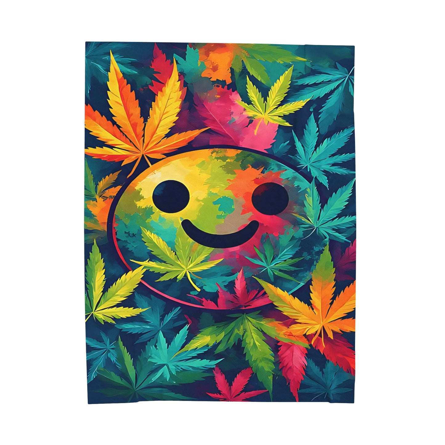 Velveteen Plush Blanket — Tie-Dye Smiley Face with Colorful Cannabis Leaves