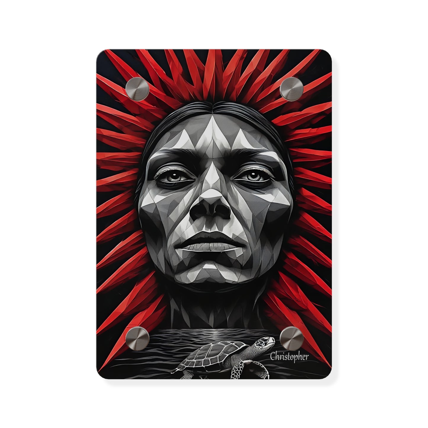 Acrylic Wall Art Panel — Geometric Tribal Face with Red Feather Headdress