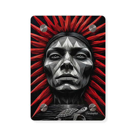 Acrylic Wall Art Panel — Geometric Tribal Face with Red Feather Headdress