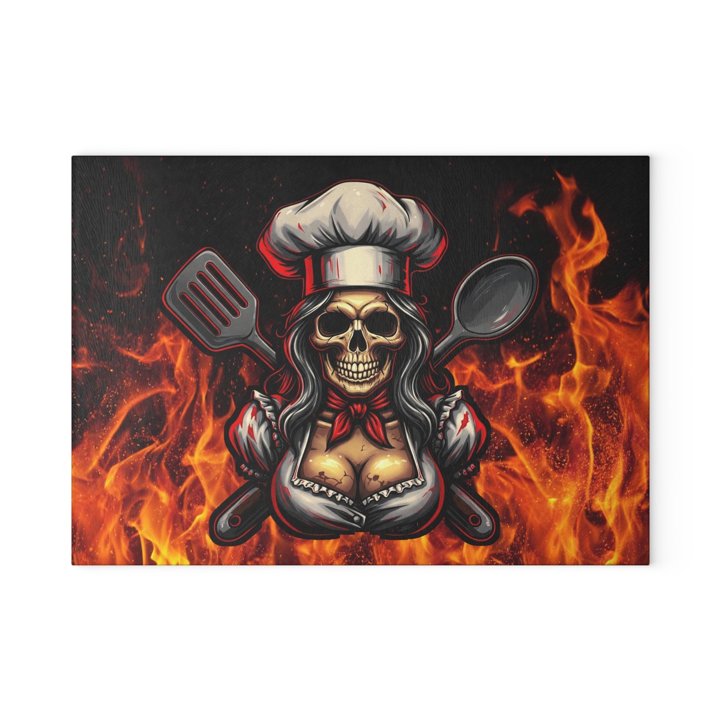 Sassy Skull Chef Glass Cutting Board - Fire & Spice Cooking Accessory
