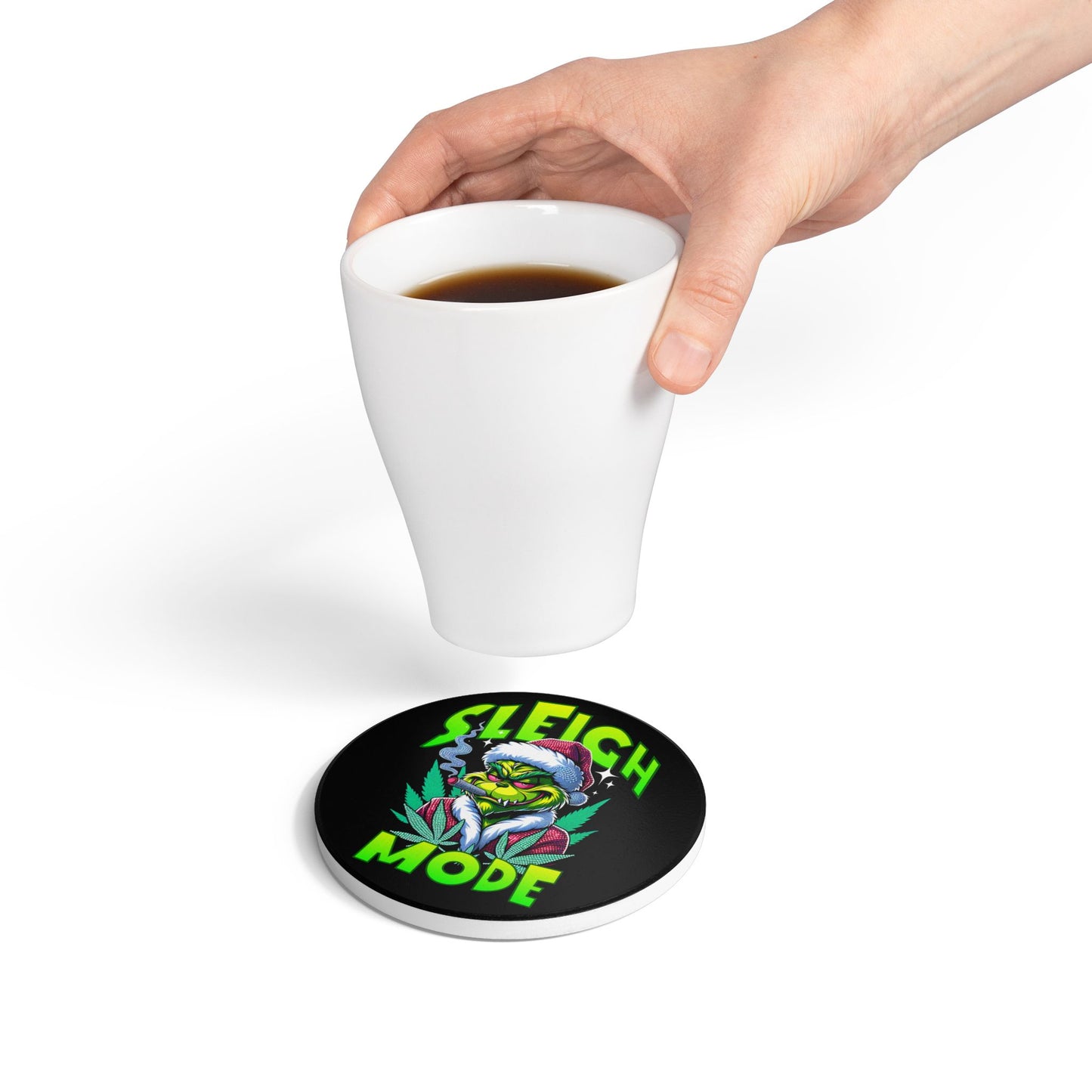 Sleigh Mode Ceramic Coaster — Grinch Santa with Cannabis Holiday Coaster