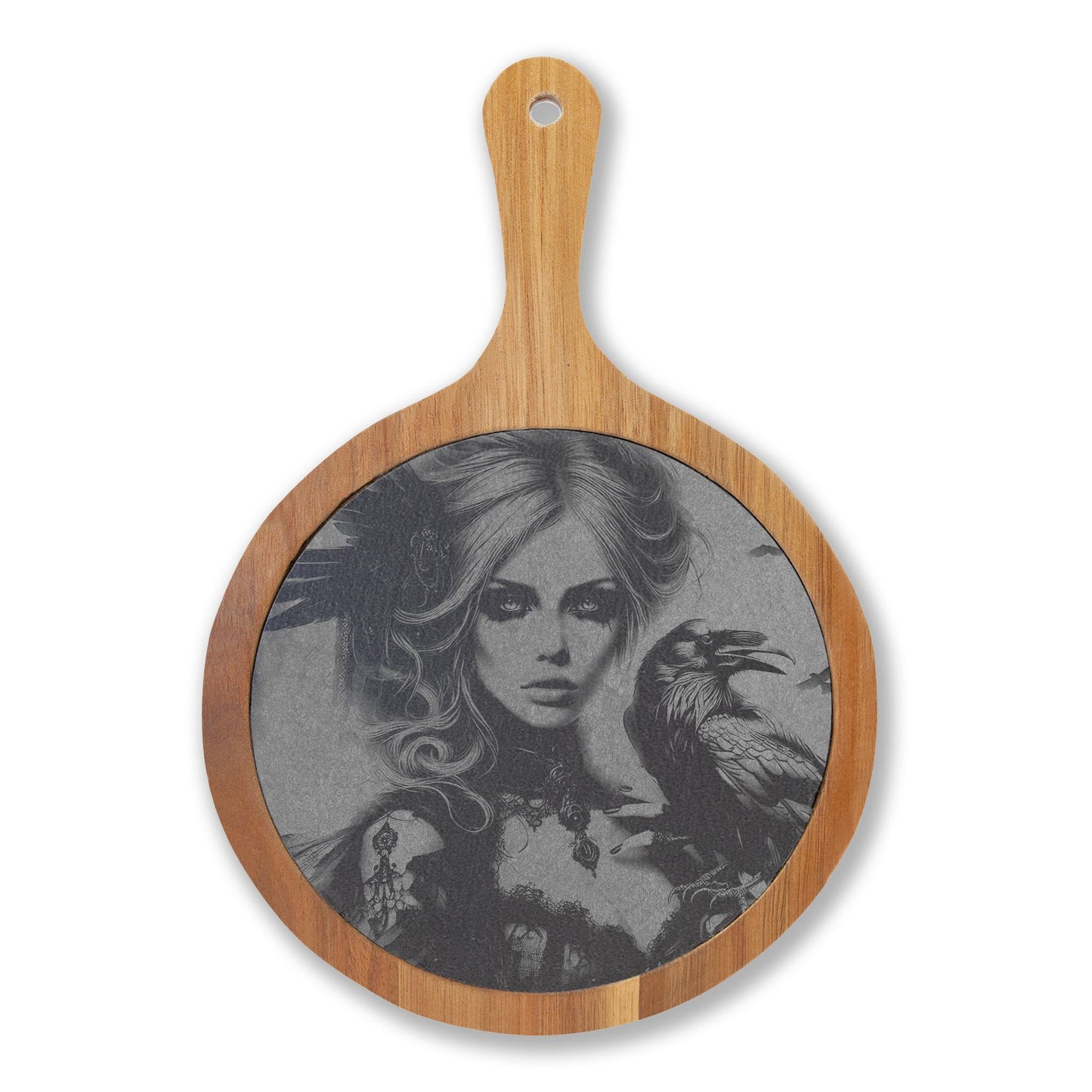 Engraved Acacia Charcuterie Board with Cheese Knives — Gothic Portrait Design