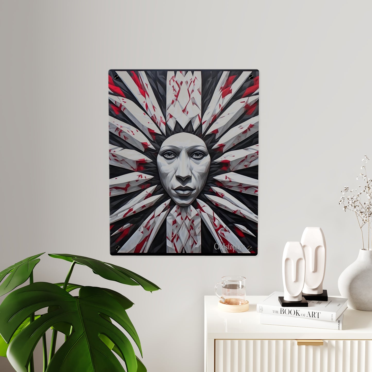 Acrylic Wall Art Panel — Surreal Sunburst Face with Red & Black Feather Design