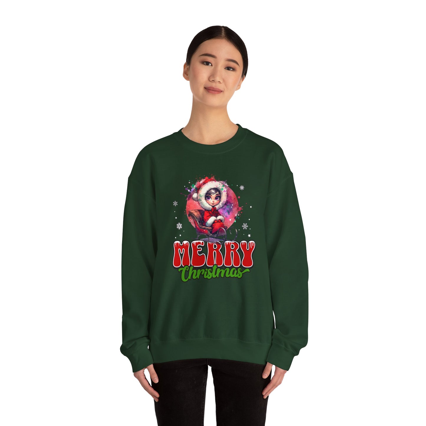 Christmas Crewneck Sweatshirt — Cute Santa Girl 'Merry Christmas' Holiday Pullover