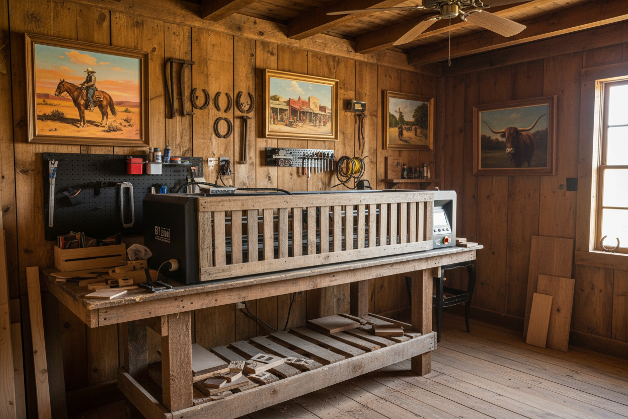 Rustic workshop with laser engraving equipment